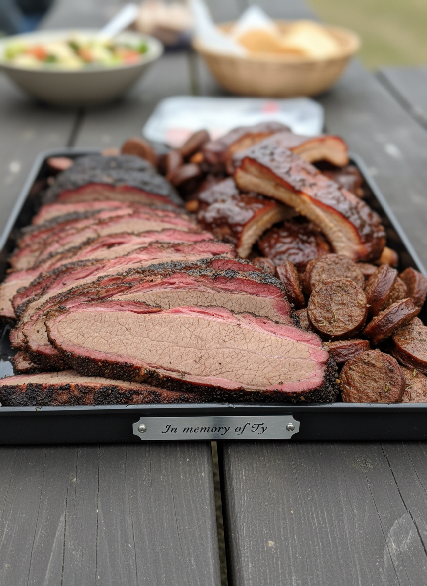 A close-up of a beautifully arranged platter of smoked meats dedicated to Ty, featuring thick slices of mahogany-colored brisket with a visible smoke ring, glossy ribs, and charred sausage coins, all resting on a matte black ceramic tray. A small, tasteful metal plaque engraved with “In memory of Ty” rests at the edge of the tray. The platter is centered on a dark wooden picnic table, with blurred hints of other dishes in the background. Soft, overcast outdoor light creates even illumination with subtle highlights on the juices and textures. Photographic realism, captured from a slightly elevated angle, with shallow depth of field and a refined, contemplative mood.